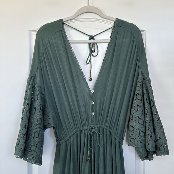 Free People Angela Jumpsuit Sz Small Wide Leg Green Boho Lace Ruffle Festival - Picture 4 of 16
